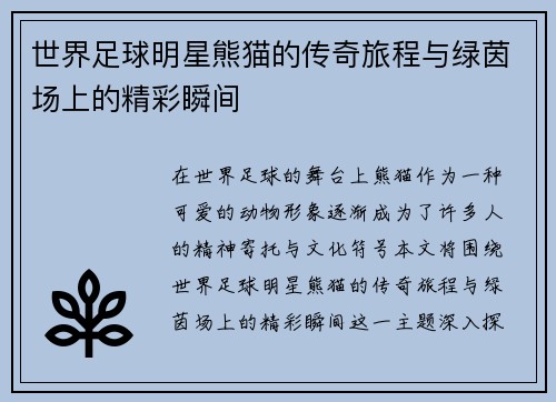 世界足球明星熊猫的传奇旅程与绿茵场上的精彩瞬间
